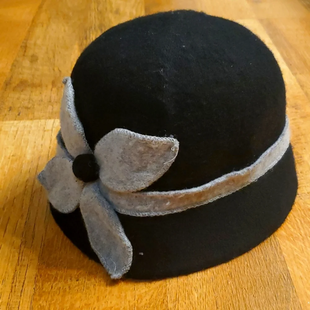 August Woman's Black Wool Fitted Bucket‎ Hat with Flower